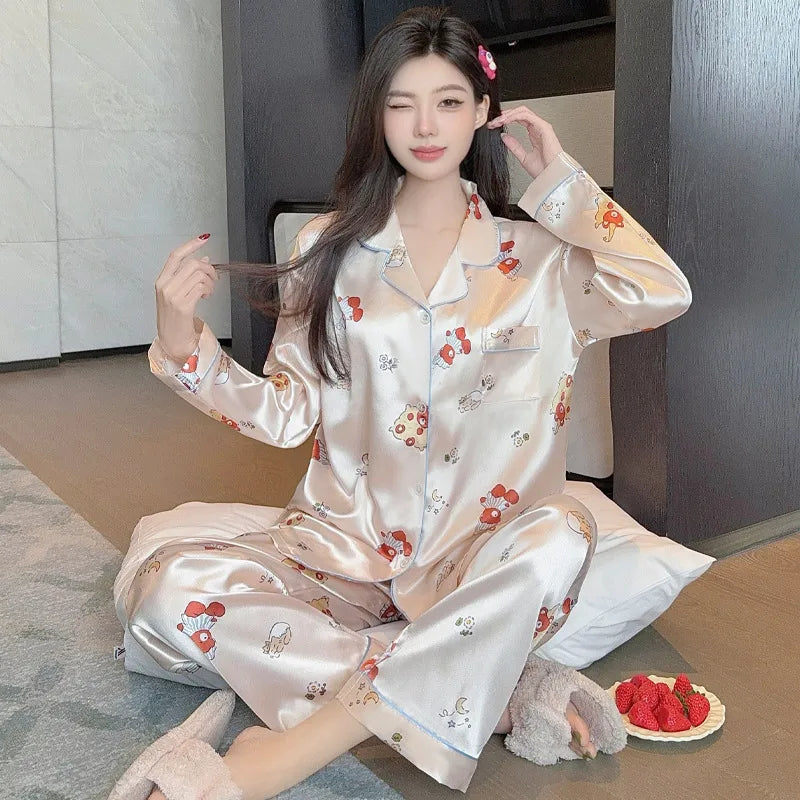 French Anti-Aging Sleepwear Women's Spring Autumn New Simple Polka Dot Long Sleeve Long Pants Ice Silk Home Clothes Fashion Set