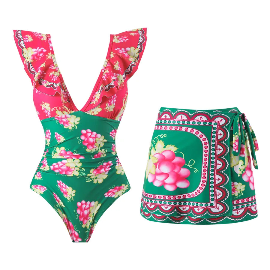 Women's Lady Modern Style Printing 2 Pieces Set One Piece Swimwear