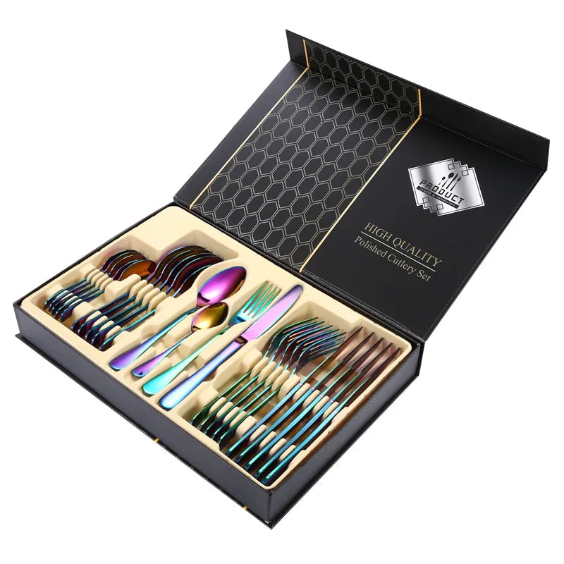 1010 stainless steel tableware 24-piece golden steak knife, fork and spoon gift box Western tableware suit
