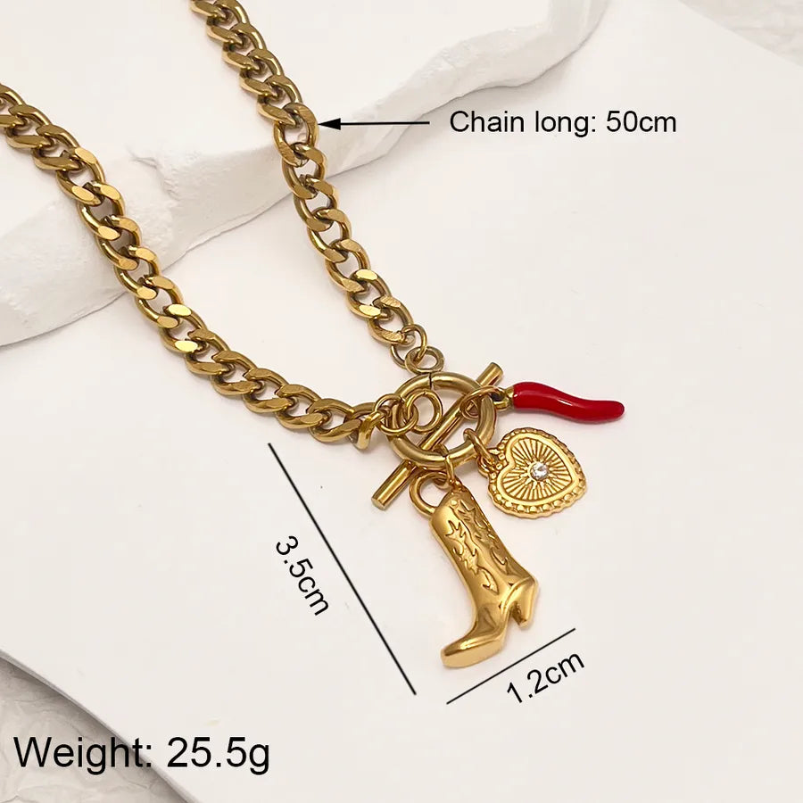 Wholesale Jewelry Vintage Style Cowboy Style Heart Shape chili Boots 304 Stainless Steel 18K Gold Plated Pendant Necklace None