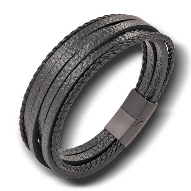 New Arrival  Pu Men's Leather Bracelet Titanium Steel Braided Bracelets in Stock Wholesale Bracelet
