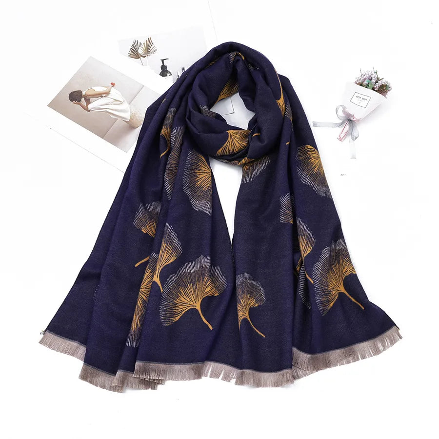women's elegant ginkgo leaf imitation cashmere scarf