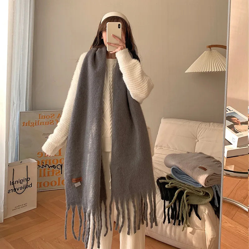 women's sweet color block polyester tassel scarf