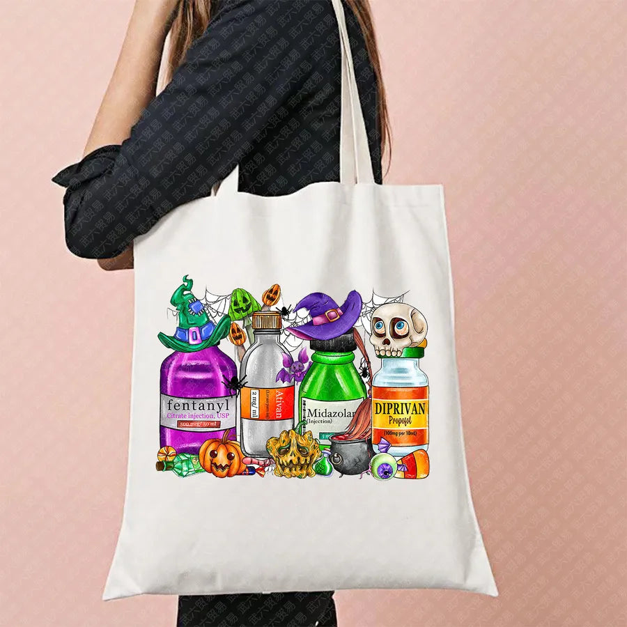 Ghost Pattern Halloween Outdoor Shopping Bag Cute Ghost Design Canvas Tote Bag For Ladies Retro Fashion Printed Large Size