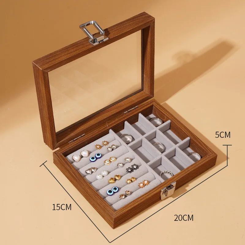 Black Walnut Wood Grain Dustproof Cover Jewelry Box Bracelet Earring Necklace Storage Case Vintage Style Wooden Jewelry Case