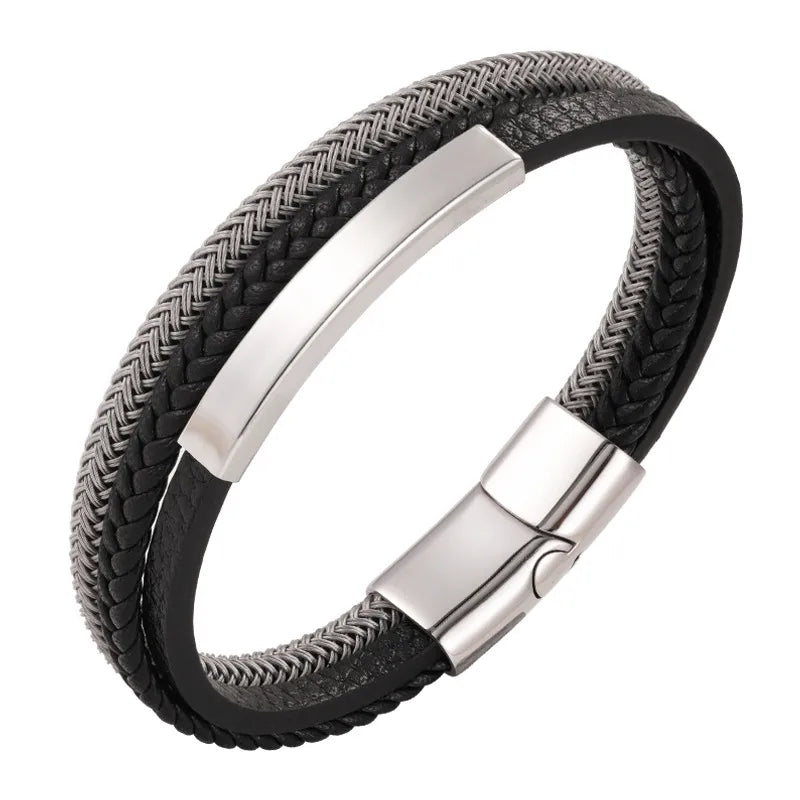 Hip-Hop Vintage Style Geometric Pu Leather Titanium Steel Woven Chain Wrap Bracelets Wholesale
