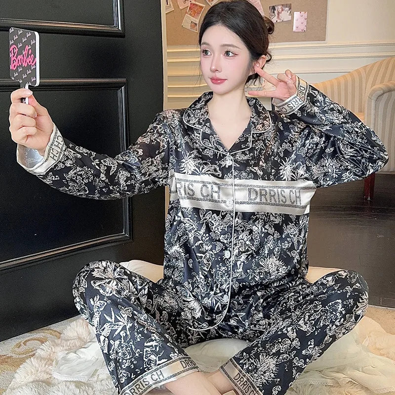 French Anti-Aging Sleepwear Women's Spring Autumn New Simple Polka Dot Long Sleeve Long Pants Ice Silk Home Clothes Fashion Set