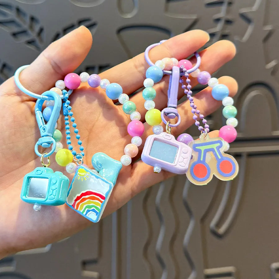 Cute Metal Keychain Pendant Beaded Bookbag Girl's Bag Charm  Style Cartoon Design Half Handmade Flower