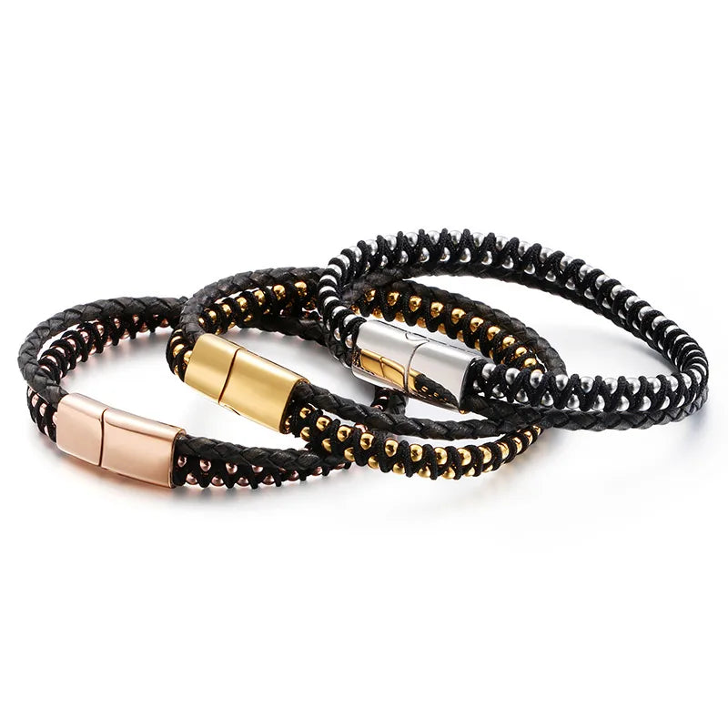 Retro Color Block Pu Leather Titanium Steel Plating Men's Bracelets