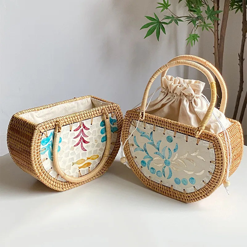 Nordic style handmade basket shell Rattan woven storage picnic travel basket handmade woven handbag