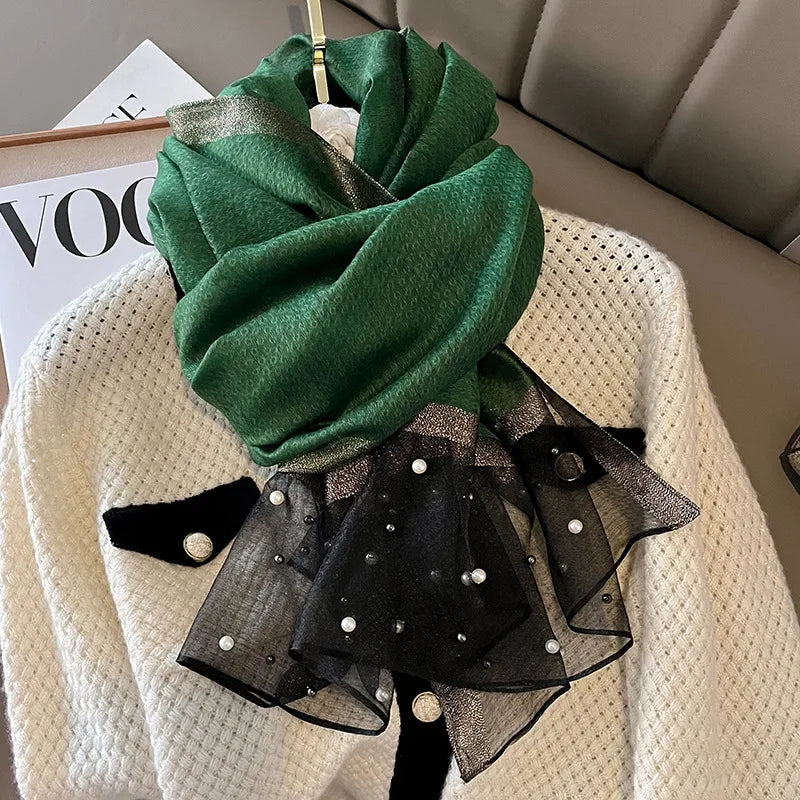 women's simple style color block satin pearl silk scarf