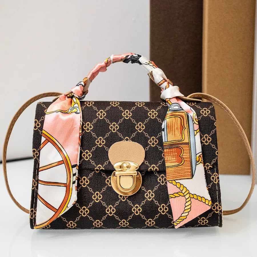 Women's PU Printing Solid Color Classic Style Streetwear Square Lock clasp Shoulder Bag Handbag Square Bag