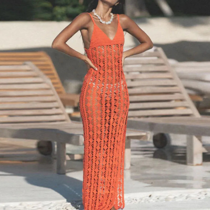 women's vacation beach solid color hollow out 1 piece cover ups