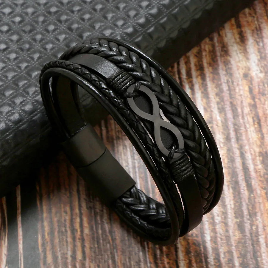 retro number leather titanium steel braid men's bangle