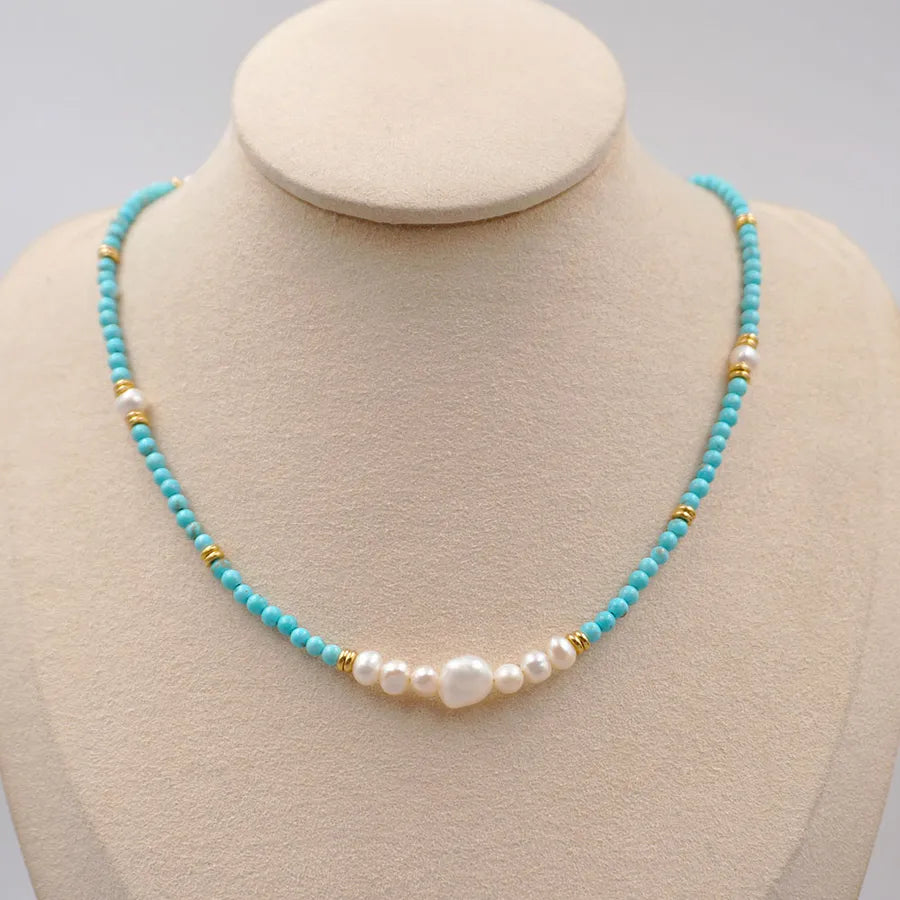 Vintage Style Simple Style Round 304 Stainless Steel turquoise Freshwater Pearl Gold Plated Necklace In Bulk