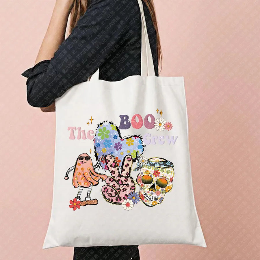 Ghost Pattern Halloween Outdoor Shopping Bag Cute Ghost Design Canvas Tote Bag For Ladies Retro Fashion Printed Large Size