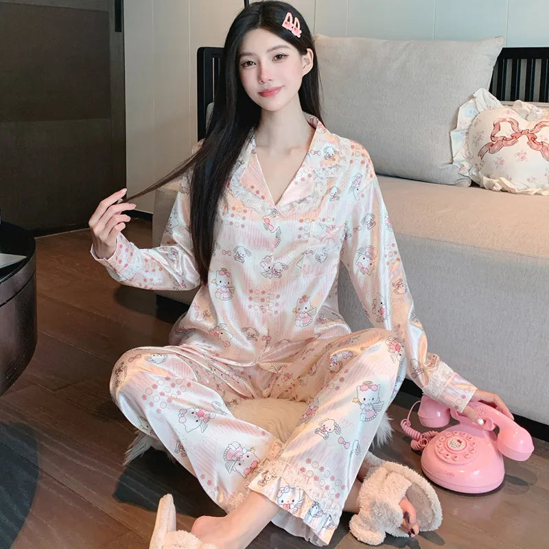 French Anti-Aging Sleepwear Women's Spring Autumn New Simple Polka Dot Long Sleeve Long Pants Ice Silk Home Clothes Fashion Set