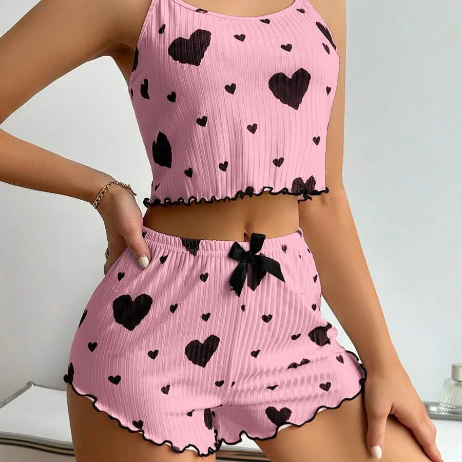 Home Daily Women's Sweet Heart Shape Spandex Polyester Shorts Sets Pajama Sets