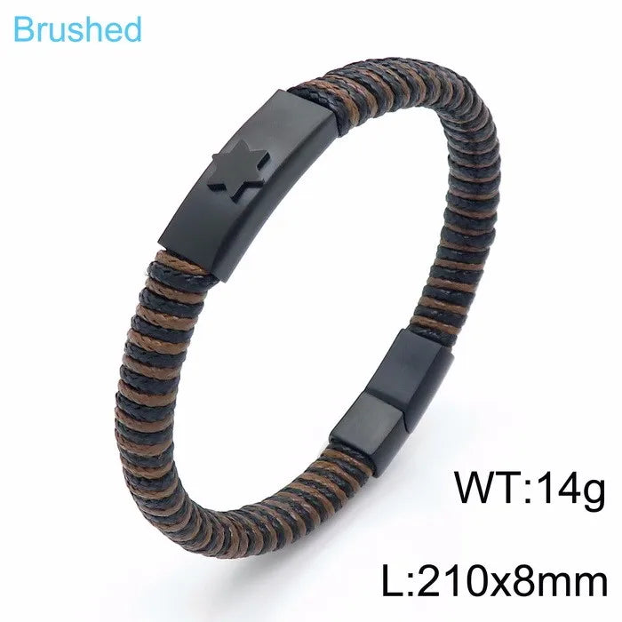 Hip-Hop Retro Color Block Pu Leather Titanium Steel Braid 18K Gold Plated Men's Bangle