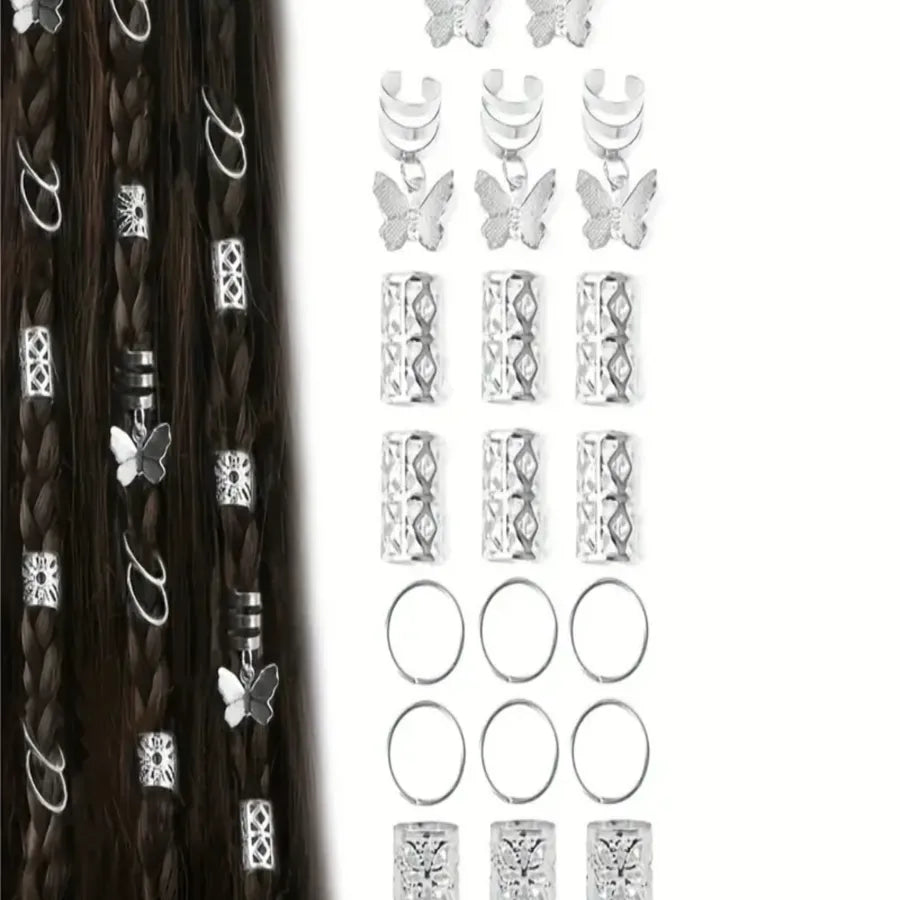 35PCs Electroplated Gold and Silver Butterfly Hair Ring Suit, Wig Dreadlocks Hair Extension Ring Hair Ring Opening Hair Ring and Hairpins, Easy to Decorate Various Hairstyles