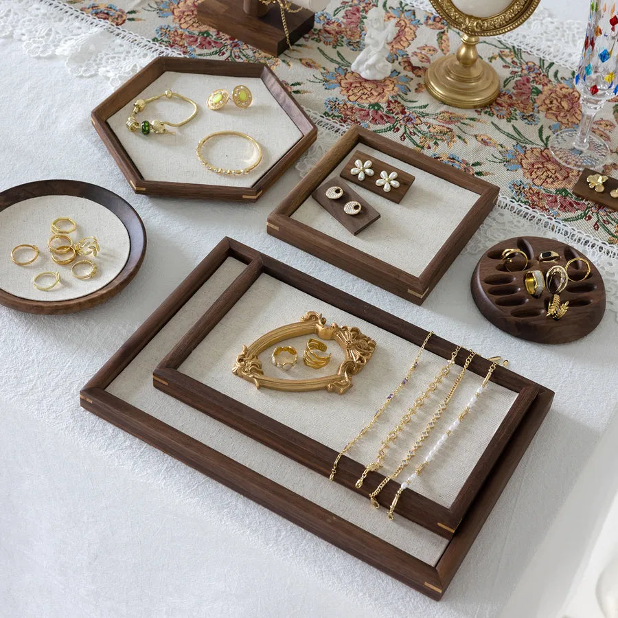 Walnut Wood Jewelry Display Tray Ring Earring Bracelet Storage Plate Photo Prop Geometry Pattern Solid Wood Antique Style