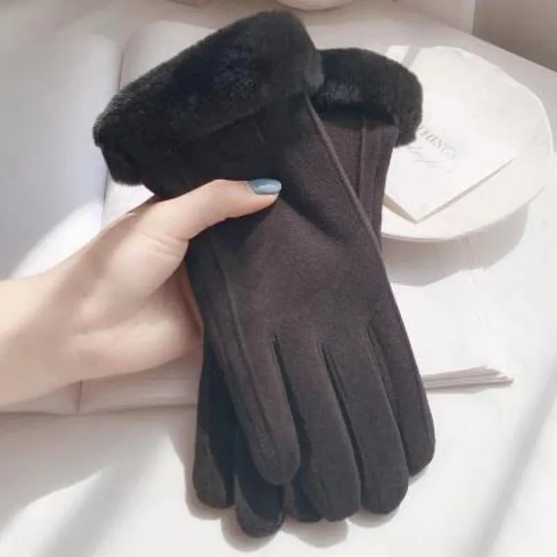 Gloves Women's Winter Velvet Thickened Warm  Cute Touch Screen De Velvet Fall/Winter Electric Car Cold-proof Riding Gloves