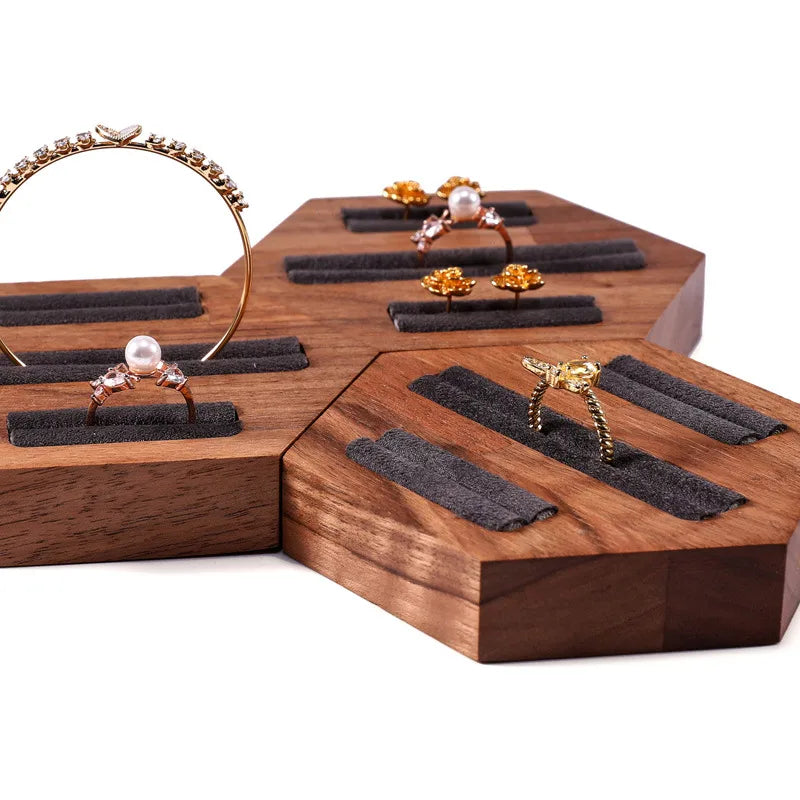 Walnut Wood Ring Display Stand Earring Display Tray Versatile Jewelry Tray Jewelry Stand Hexagonal Base Tray