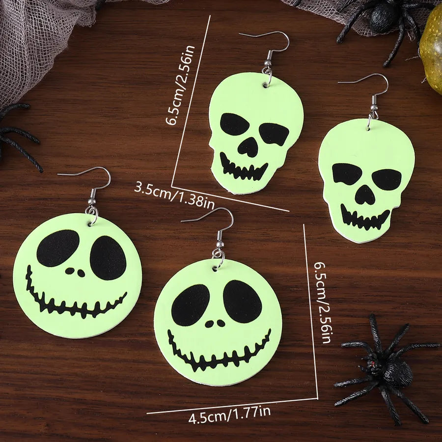 Gothic Style Fluorescent Green Skeleton Face Halloween Pendants Earrings Double Sided Elegant Skull Head Women's Jewelry