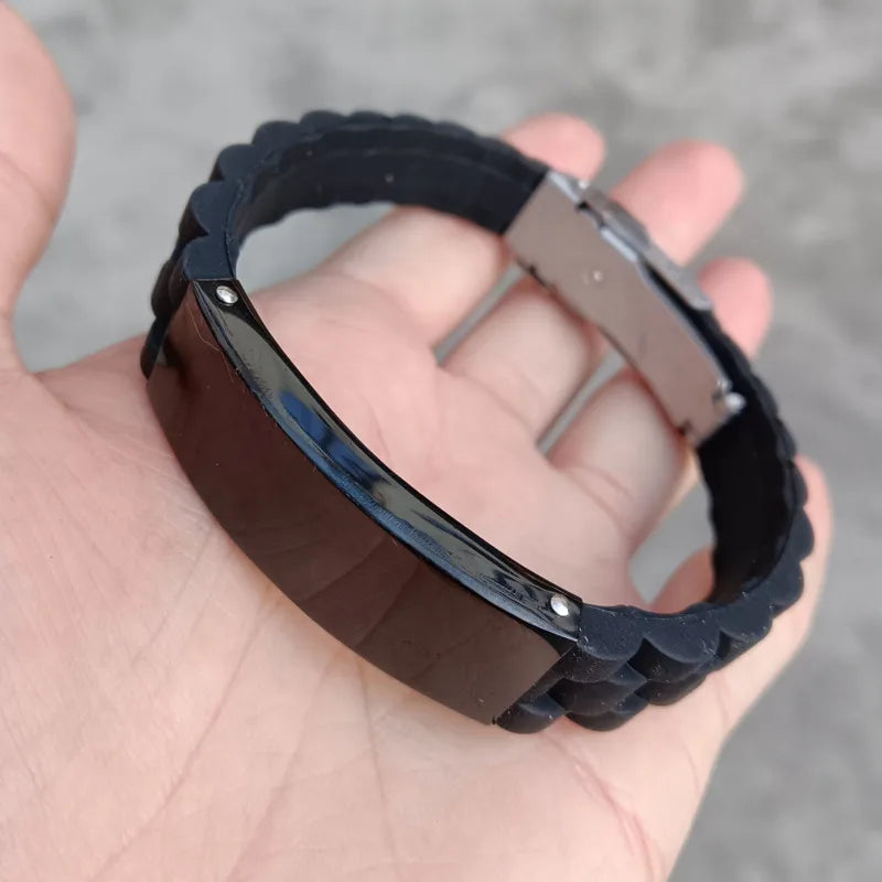 supply  silicone stainless steel bracelet lettering glossy black plated bracelet accessories men's jewelry manufacturer