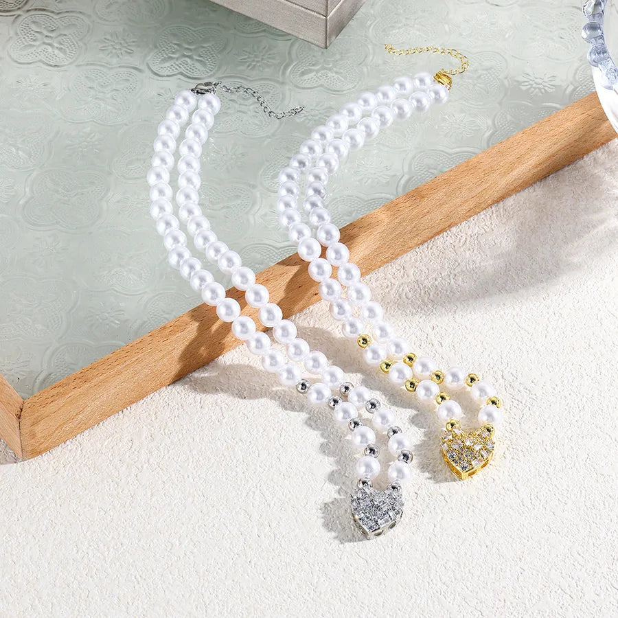 Elegant Lady Heart Shape 18K Gold Plated Zircon Artificial Pearl Copper Beaded Chain Beaded Necklaces Wholesale