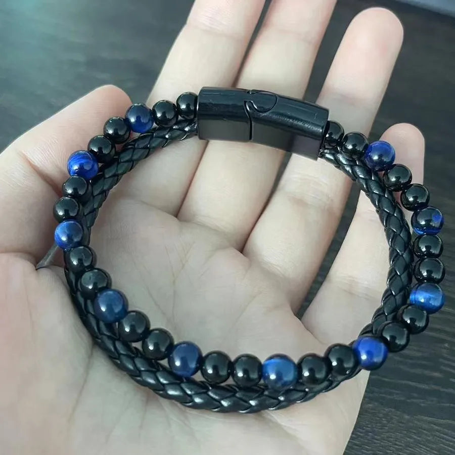 fashion round alloy natural stone beaded braid men's bracelets