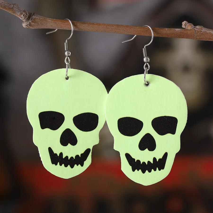 Gothic Style Fluorescent Green Skeleton Face Halloween Pendants Earrings Double Sided Elegant Skull Head Women's Jewelry