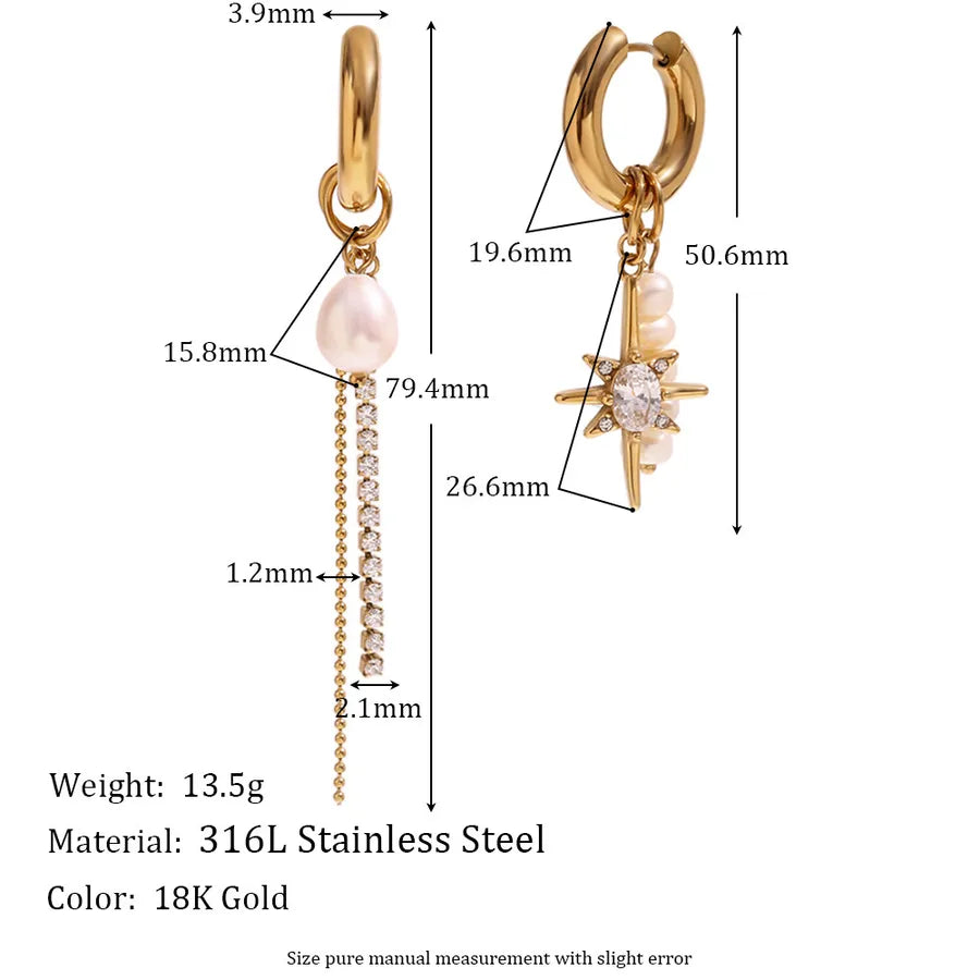1 Pair 316L Stainless Steel  Freshwater Pearl Star Drop Earrings