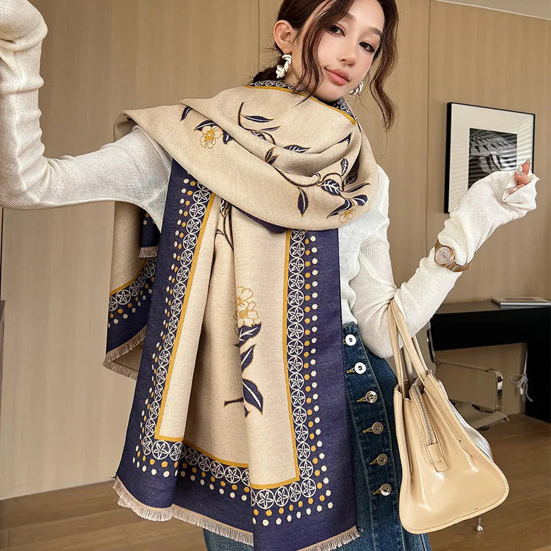 women's casual simple style flower imitation cashmere scarf