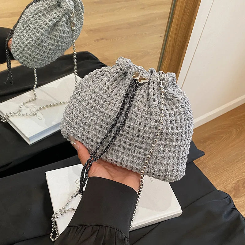 Special-Interest Design Hollow Knit Woven Women's Cross-Body Bag, Fashion Crocheted Bucket Bag, Versatile Chain Small Bag