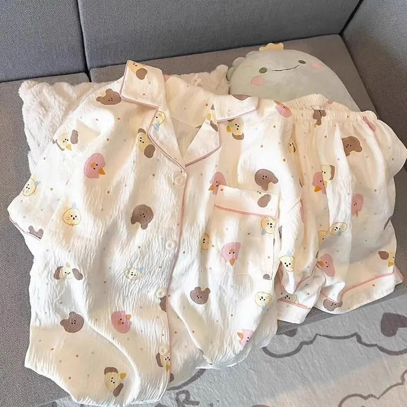 Pajamas Women's Summer Clouds Cotton  New Sweet Cute Cardigan Casual Short Sleeve Shorts Home Clothes suit