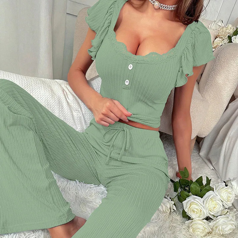 Casual Women's Sleepwear Set Short Sleeve Ruffle Hem Top Long Pants Home Comfortable Polyester Milk Silk Spring Fashion