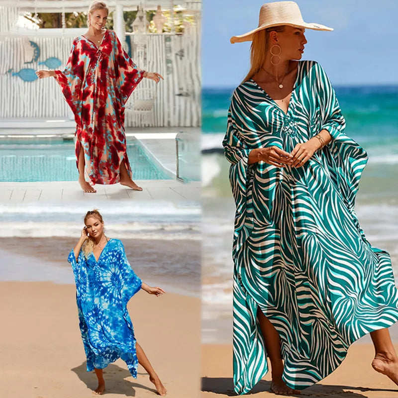 women's beach color block printing cover ups