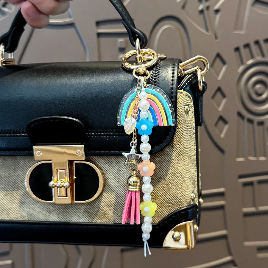 Cute Metal Keychain Pendant Beaded Bookbag Girl's Bag Charm  Style Cartoon Design Half Handmade Flower