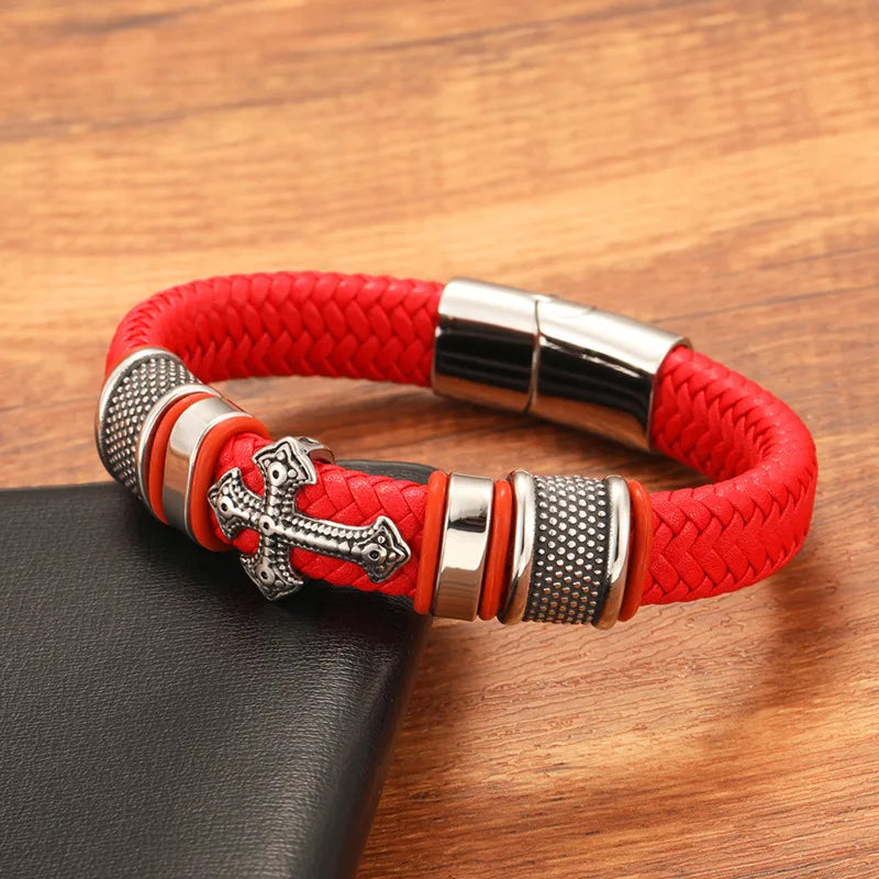 Vintage Style Classic Style Cross Pu Leather Titanium Steel Woven Chain Wrap Bracelets Wholesale