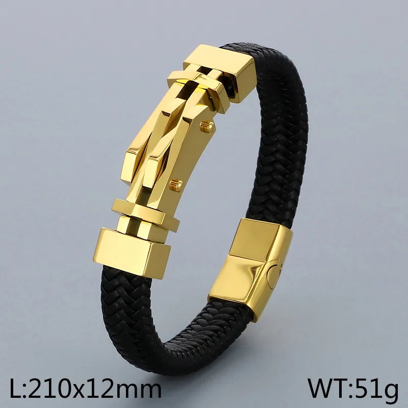Business Color Block 304 Stainless Steel Leather Knitting 18K Gold Plated Men's Bangle