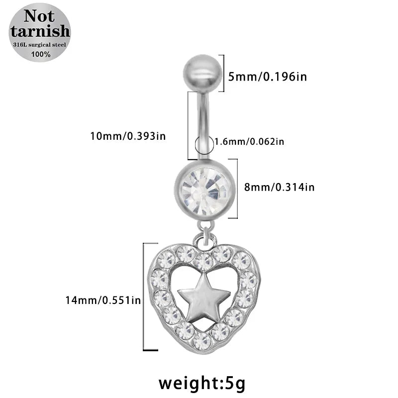 1 Piece Belly Rings Classic Style Roman Style Artistic Star Heart Shape Wings 316 Stainless Steel  Alloy Hollow Out Resin Rhinestones Glass White Gold Plated Gold Plated