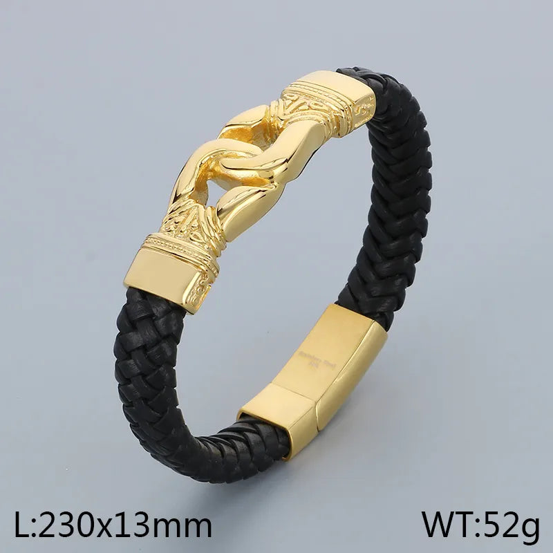 Business Color Block 304 Stainless Steel Leather Plating 18K Gold Plated Men's Bangle