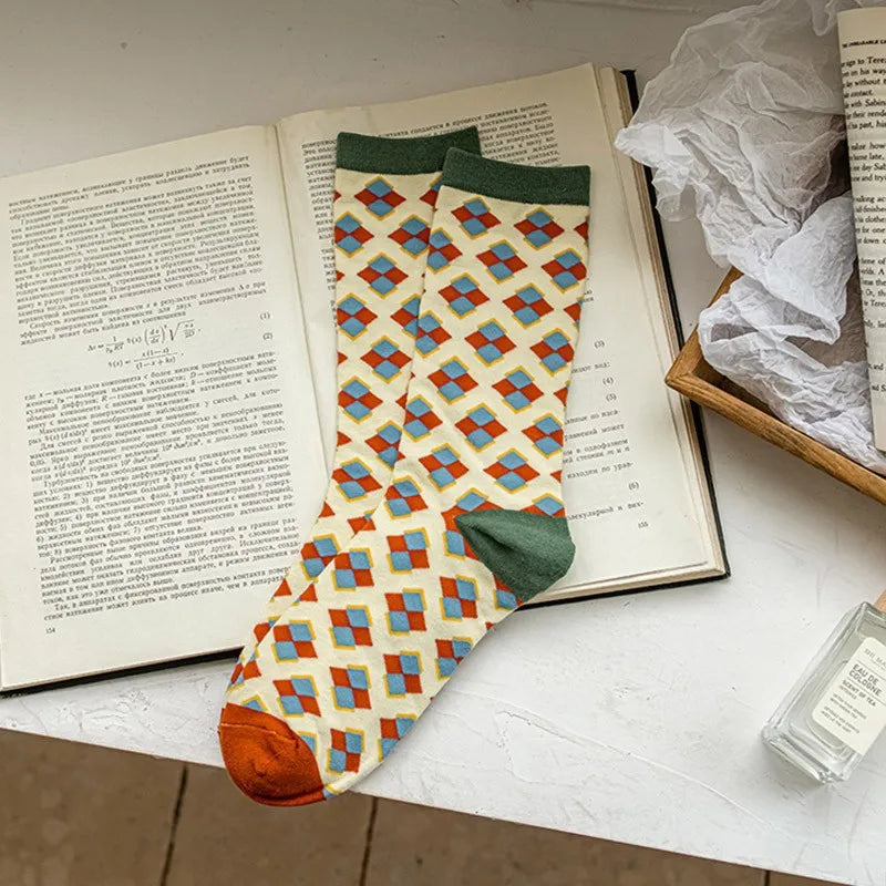women's preppy style plaid cotton crew socks a pair 1 set