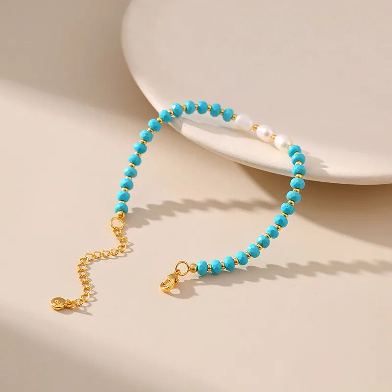 ethnic style geometric turquoise freshwater pearl copper beaded bracelets