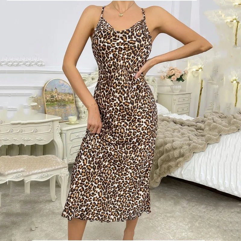 Indoor Date Vacation Sexy Leopard Polyester Backless Pajama Sets
