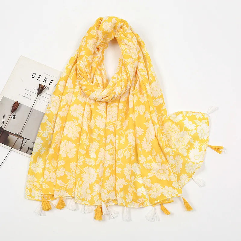 women's sweet flower cotton and linen tassel silk scarves
