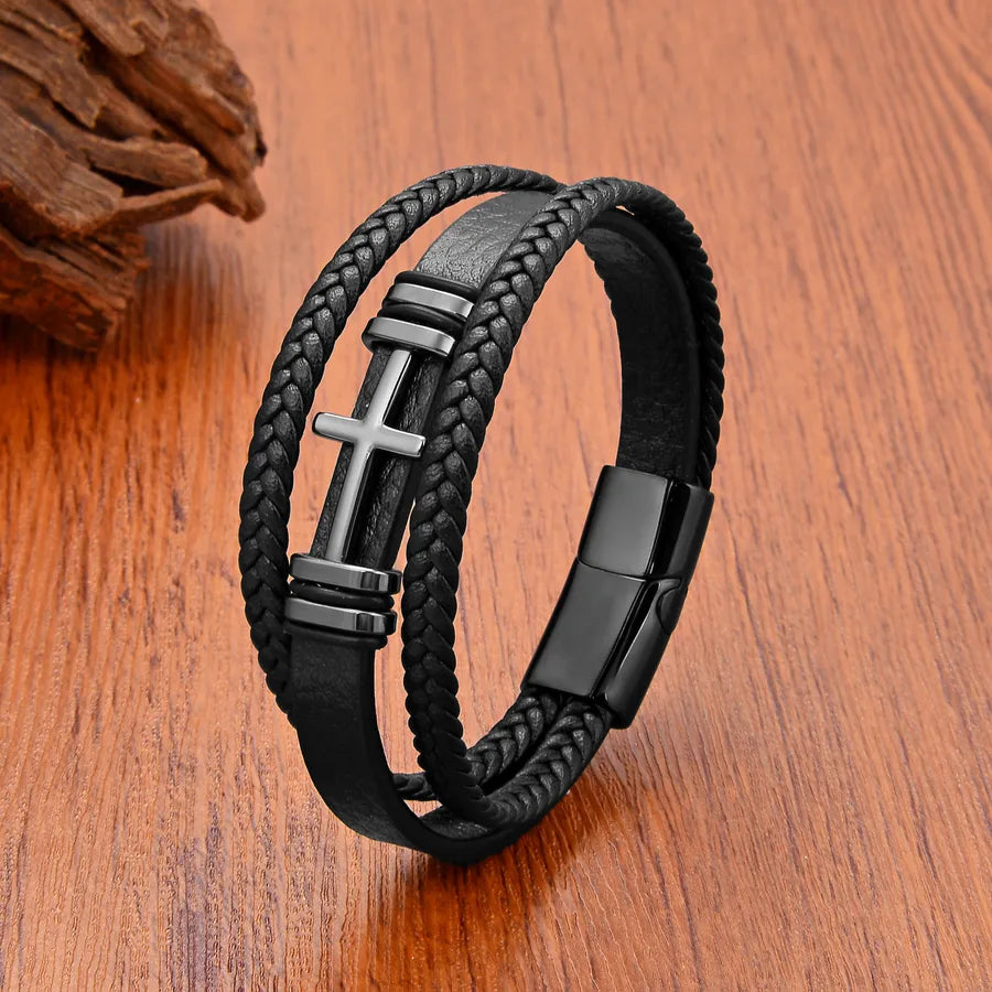 Retro Punk Cross Leather rope Iron Layered Men's Bracelets