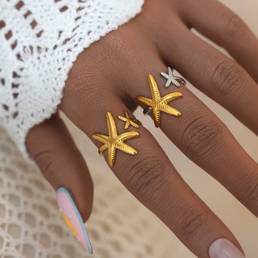 Wholesale Jewelry Hawaiian Vacation Beach Starfish 304 Stainless Steel 18K Gold Plated Open Rings