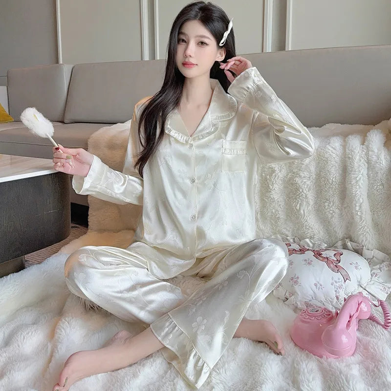 French Anti-Aging Sleepwear Women's Spring Autumn New Simple Polka Dot Long Sleeve Long Pants Ice Silk Home Clothes Fashion Set